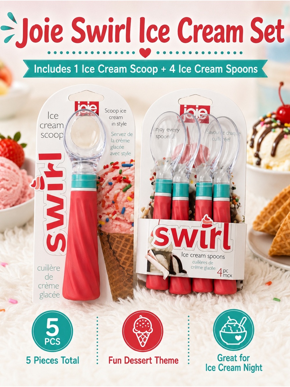 Joie Swirl Ice Cream Scoop and Spoon Set - pink with Teal Accents, Clear Heads
